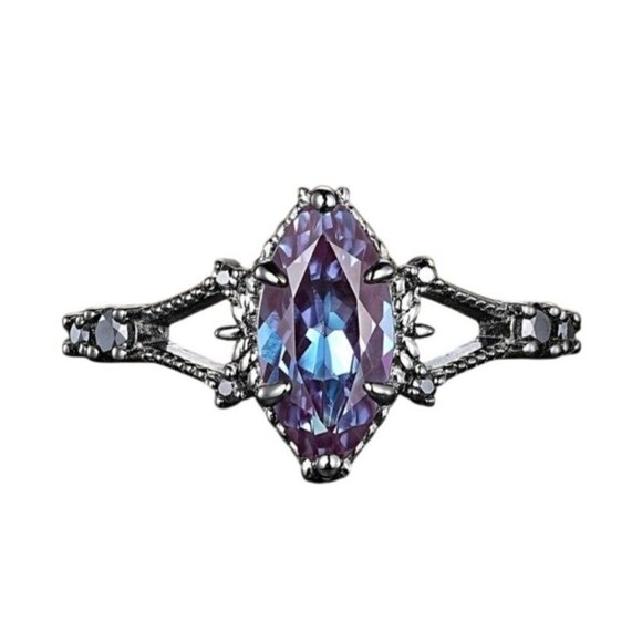 Marquise Cut Alexandrite Engagement Wedding Ring Set with Moissanite in Rhodium - Picture 3 of 7